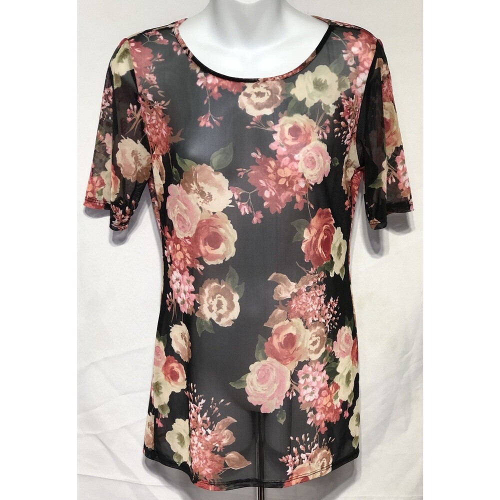 Potters Pot Top S Black Pink floral Mesh Short Sleeve Tee Whimsy Goth Fairy